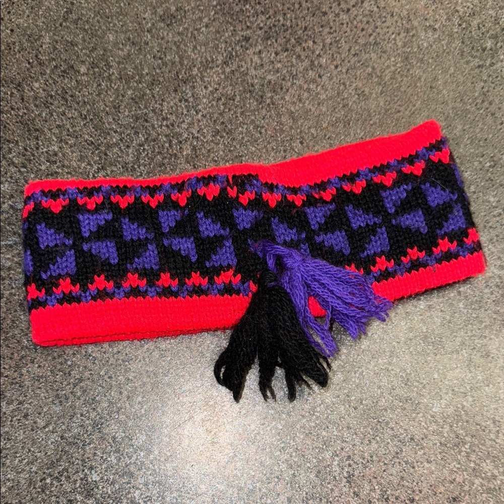 Vintage 80s Neon/Black/purple Knit Headband with Tassels